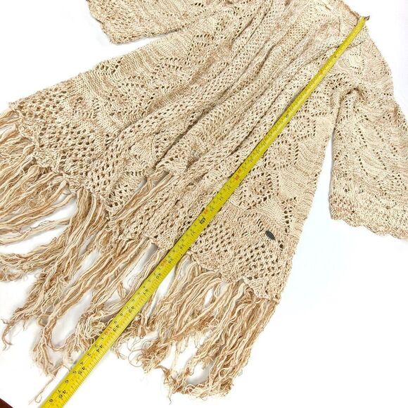 ROXY Crochet Knit Kimono Bell Sleeve Midi Duster Cardigan Boho Fringe Hem Brown - Picture 3 of 6